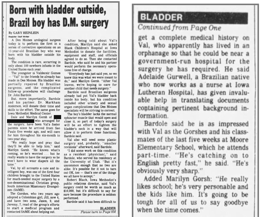 The full Des Moines Register article about Val's arrival and surgery